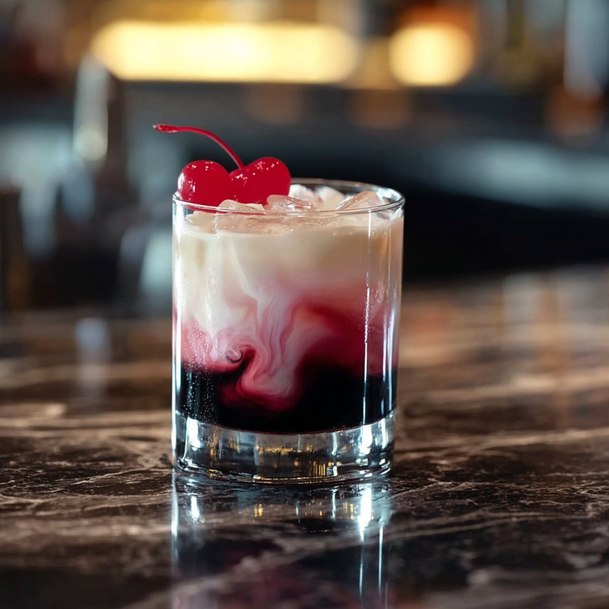 A rocks glass on a dark marble bar top containing a Cherry Rose Mudslide cocktail, showcasing dramatic swirls of deep black cherry liqueur and creamy white layers, topped with ice and two maraschino cherries, with a softly lit bar blurred in the background.