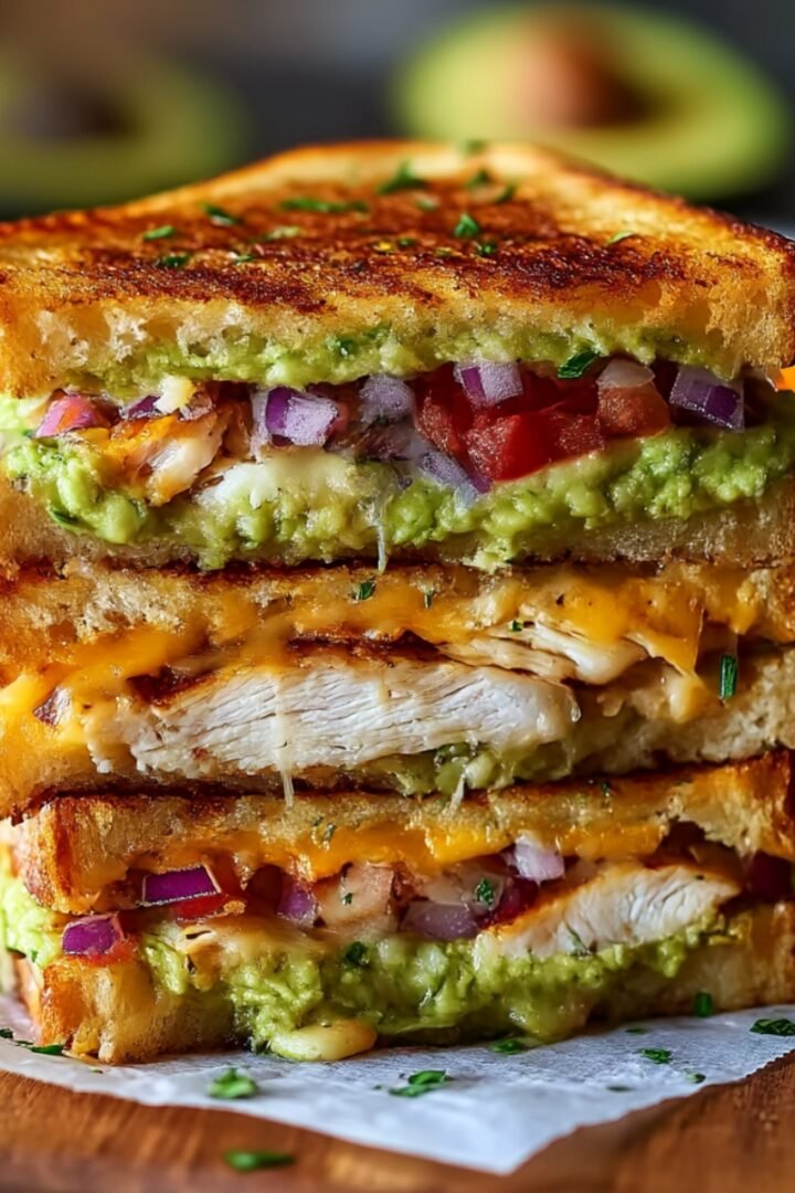 Close-up of stacked chicken avocado melt sandwiches on parchment paper and wooden board, showing crispy buttered toast layers filled with grilled chicken, melted cheddar, mashed avocado, diced tomatoes, and red onions, garnished with fresh herbs, fresh avocado halves blurred in background, sweet potato fries on side