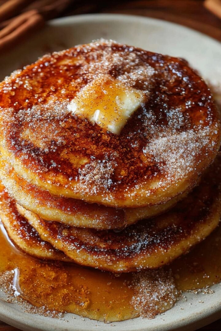 A close-up photo of a stack of three thick pancakes on a light-colored plate. The pancakes are generously coated in a sparkling cinnamon-sugar mixture, topped with a melting square of butter, and drenched in syrup that pools around the base. Cinnamon sticks are visible in the blurred wooden background.