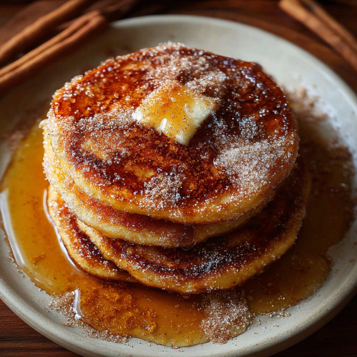 A close-up photo of a stack of three thick pancakes on a light-colored plate. The pancakes are generously coated in a sparkling cinnamon-sugar mixture, topped with a melting square of butter, and drenched in syrup that pools around the base. Cinnamon sticks are visible in the blurred wooden background.