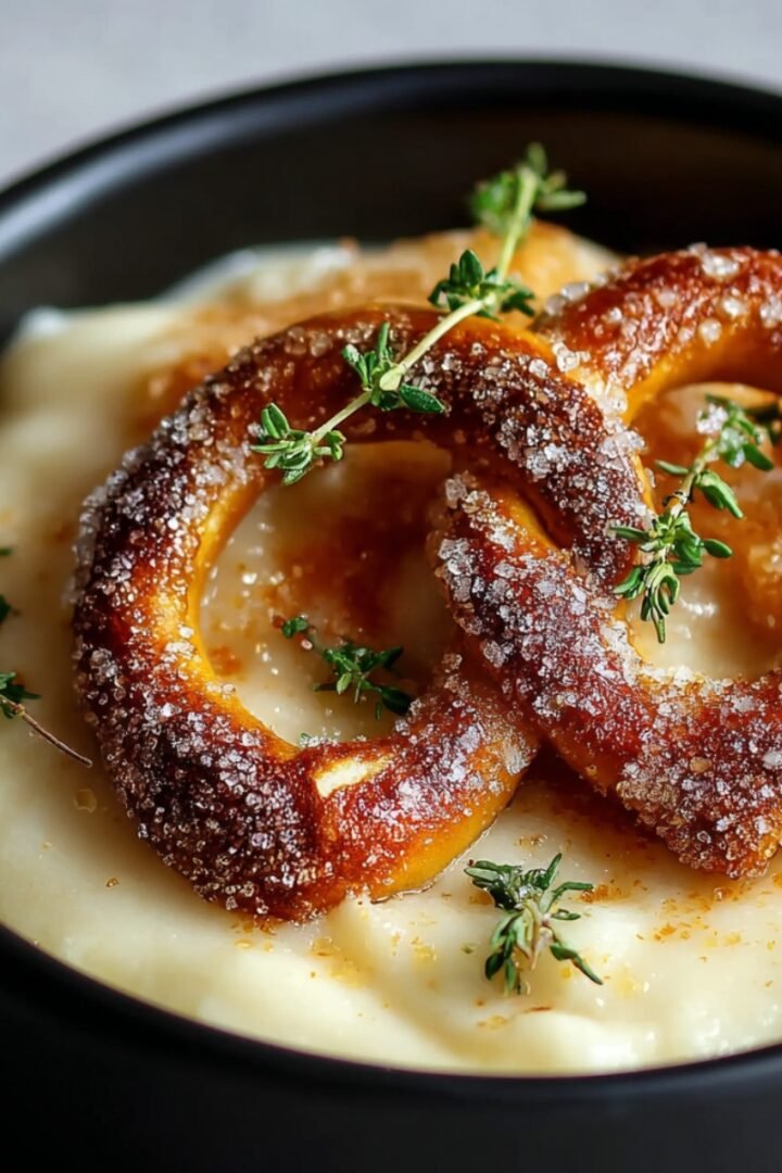A close-up photo of two interlocking soft pretzels coated in a coarse cinnamon-sugar mixture, resting on top of a smooth, creamy white dip or puree in a matte black bowl. The dish is lightly sprinkled with more sugar and garnished with small sprigs of fresh green thyme.