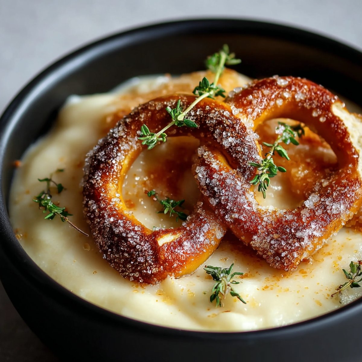 A close-up photo of two interlocking soft pretzels coated in a coarse cinnamon-sugar mixture, resting on top of a smooth, creamy white dip or puree in a matte black bowl. The dish is lightly sprinkled with more sugar and garnished with small sprigs of fresh green thyme.