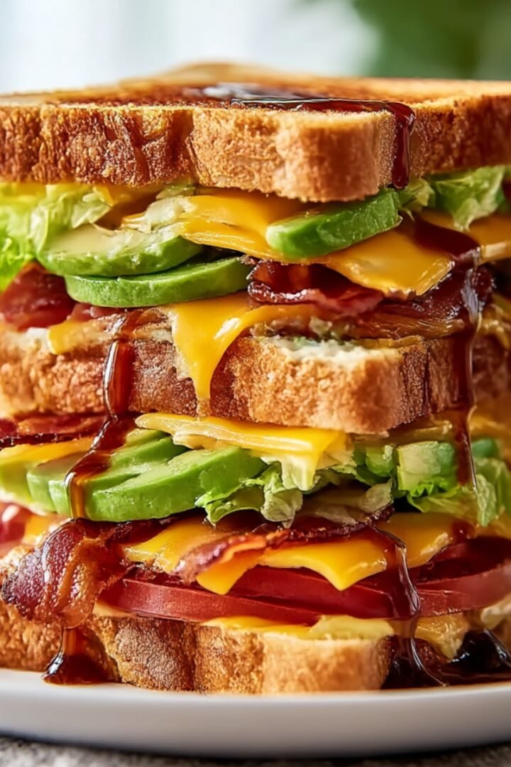 Triple-decker cowboy club sandwich on toasted white bread stacked high with layers of crispy bacon, cheddar cheese, sliced avocado, lettuce, tomato, and BBQ sauce drizzling down sides, on white plate with fresh avocado slices in soft-focus background