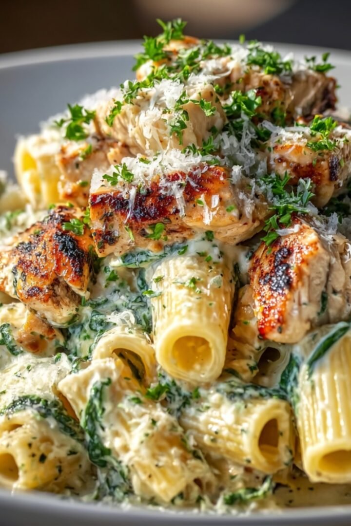 A gray bowl filled with rigatoni pasta tossed in a creamy pesto and spinach sauce, topped with seared and charred chicken pieces, shredded parmesan cheese, and freshly chopped parsley.