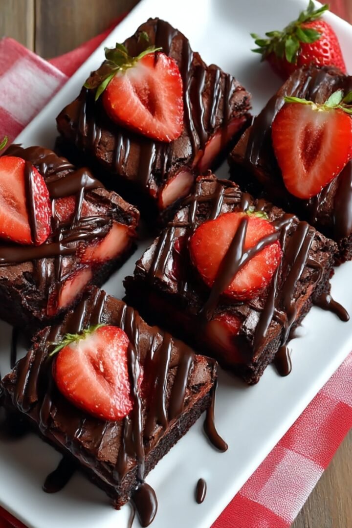 Chocolate brownies topped with fresh sliced strawberries and drizzled with dark chocolate ganache, arranged on a white rectangular plate with a pink striped napkin