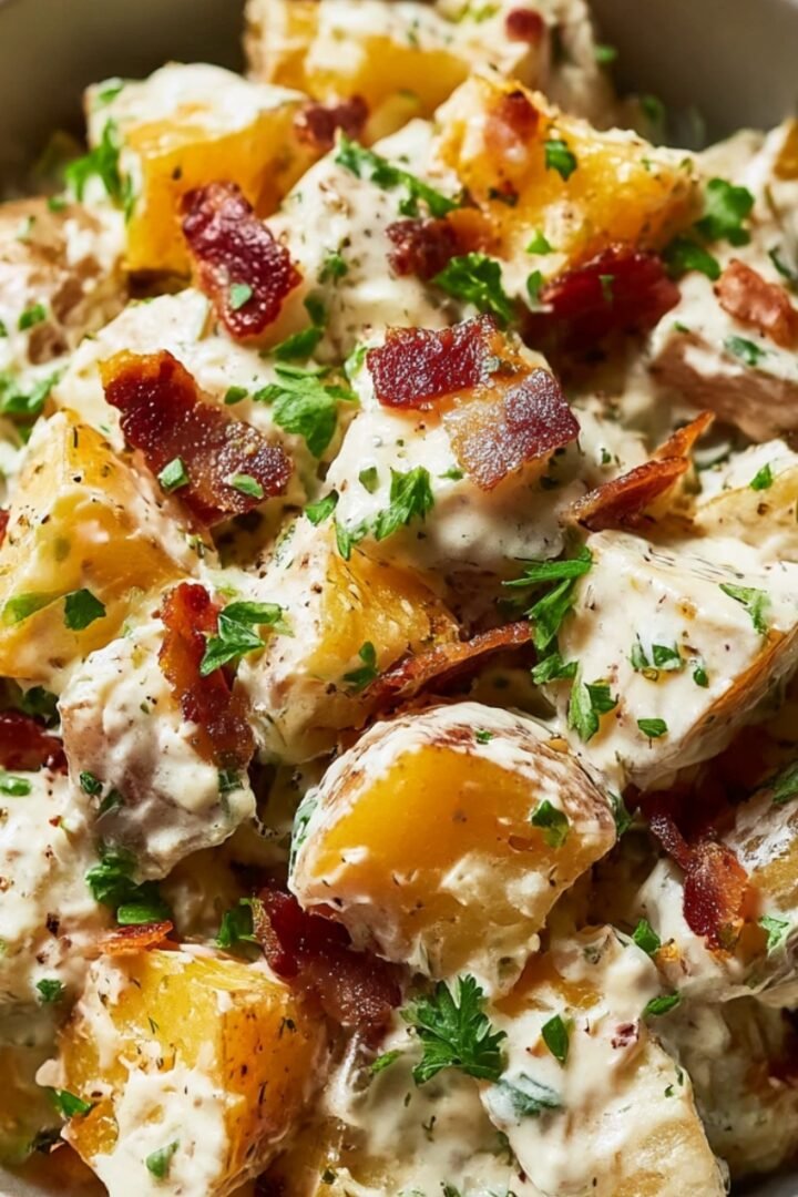 A close-up, overhead view of a bowl of creamy steakhouse potato salad. Large chunks of golden, skin-on potatoes are coated in a rich white dressing and generously topped with crispy pieces of bacon, fresh chopped parsley, and cracked black pepper.