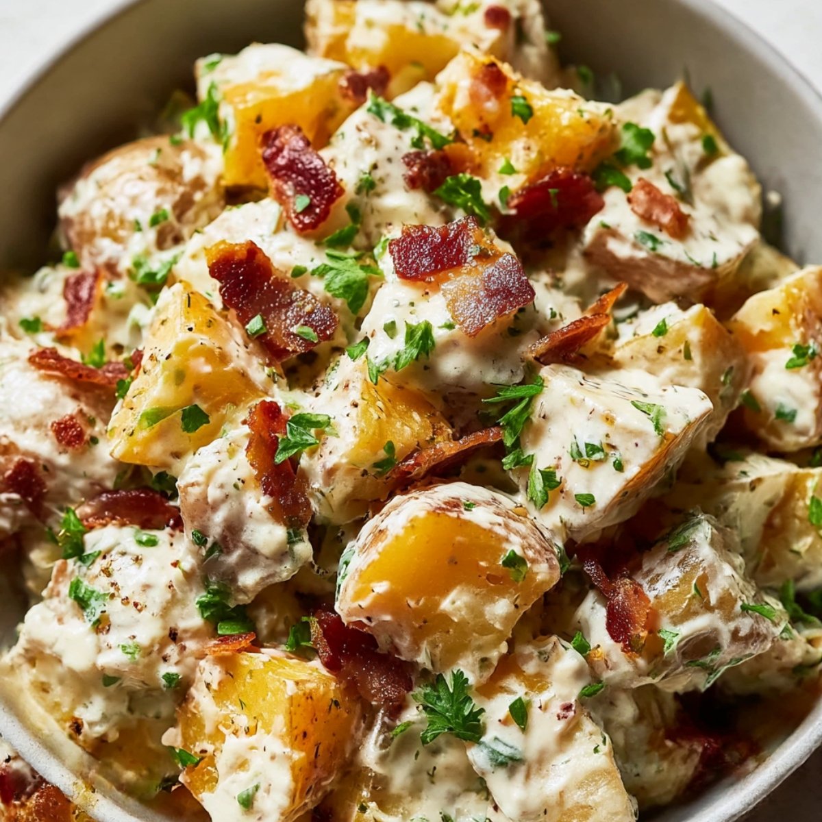 A close-up, overhead view of a bowl of creamy steakhouse potato salad. Large chunks of golden, skin-on potatoes are coated in a rich white dressing and generously topped with crispy pieces of bacon, fresh chopped parsley, and cracked black pepper.