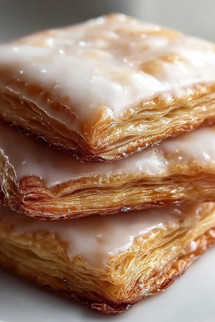 Stack of three glazed buttermilk beignets on white plate, showing crispy golden-brown flaky layers with translucent white glaze dripping down the sides in close-up detail