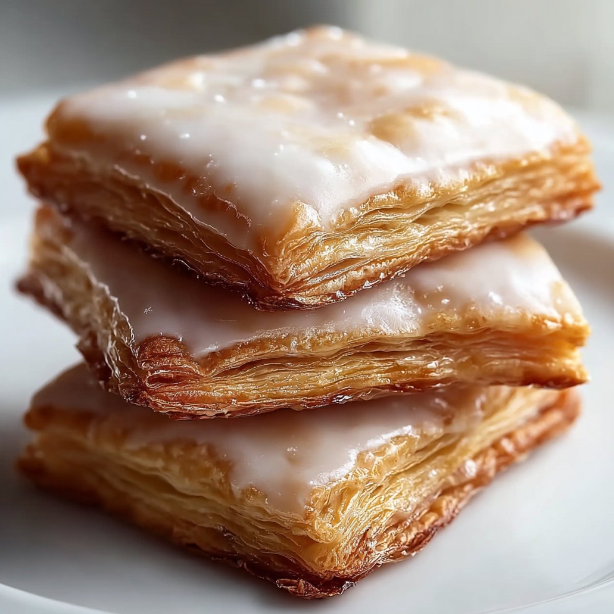 Stack of three glazed buttermilk beignets on white plate, showing crispy golden-brown flaky layers with translucent white glaze dripping down the sides in close-up detail