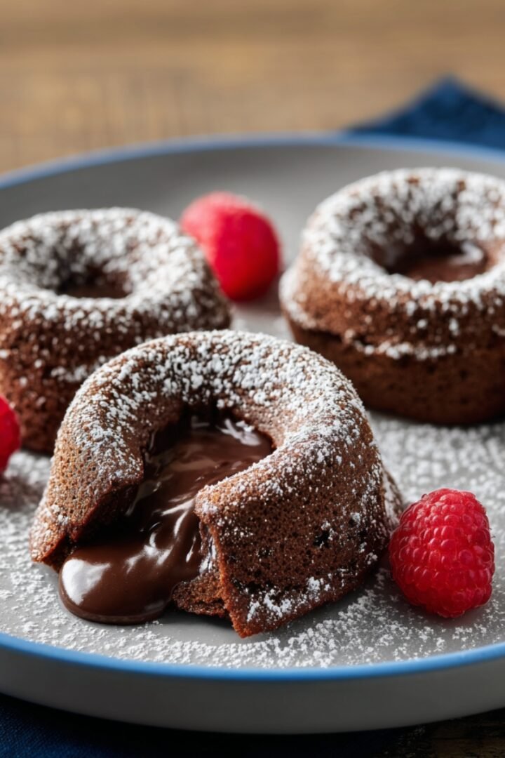 Molten chocolate lava cakes in bundt shape dusted with powdered sugar on a gray plate with blue rim, one cake cut open revealing flowing dark chocolate center, garnished with fresh raspberries