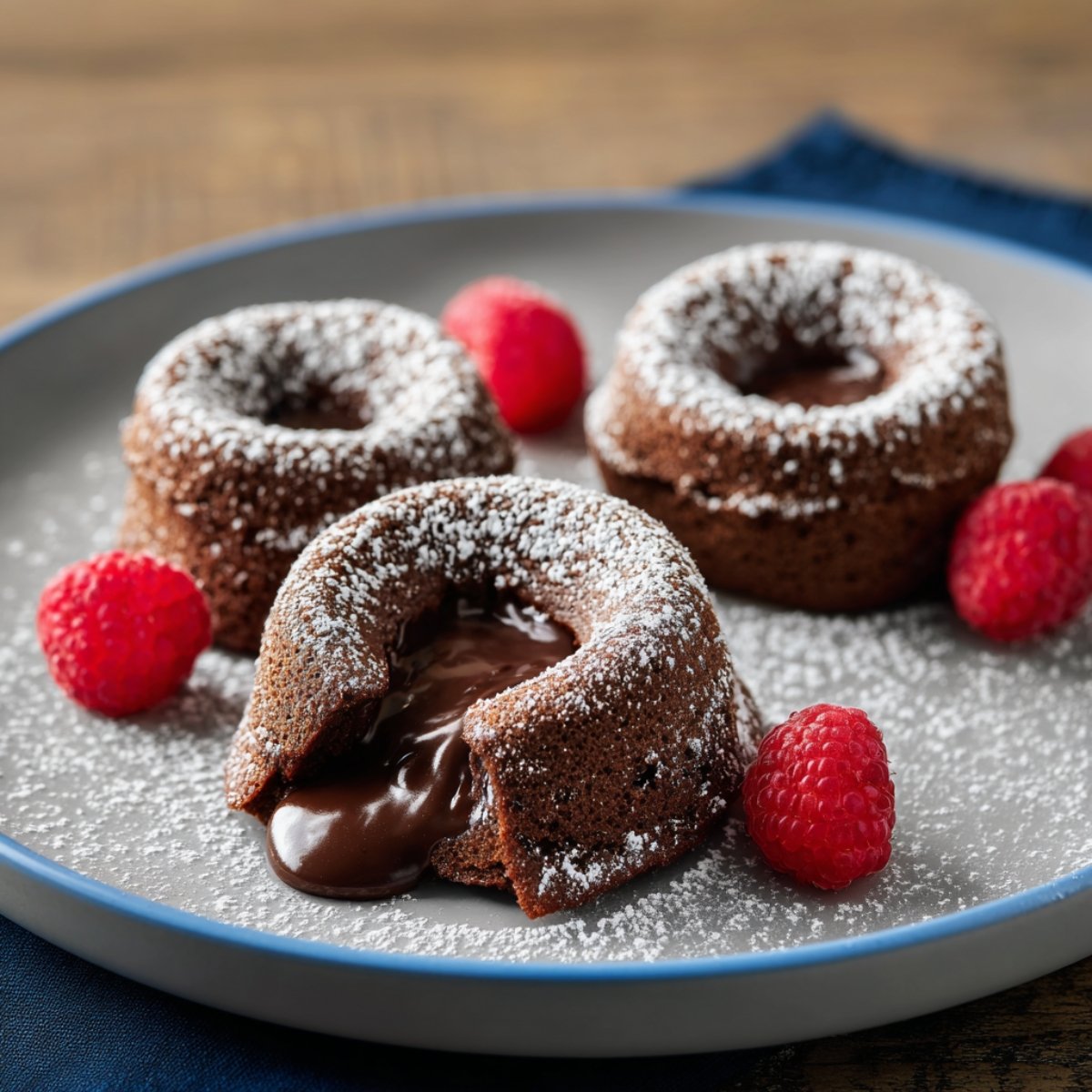 Molten chocolate lava cakes in bundt shape dusted with powdered sugar on a gray plate with blue rim, one cake cut open revealing flowing dark chocolate center, garnished with fresh raspberries