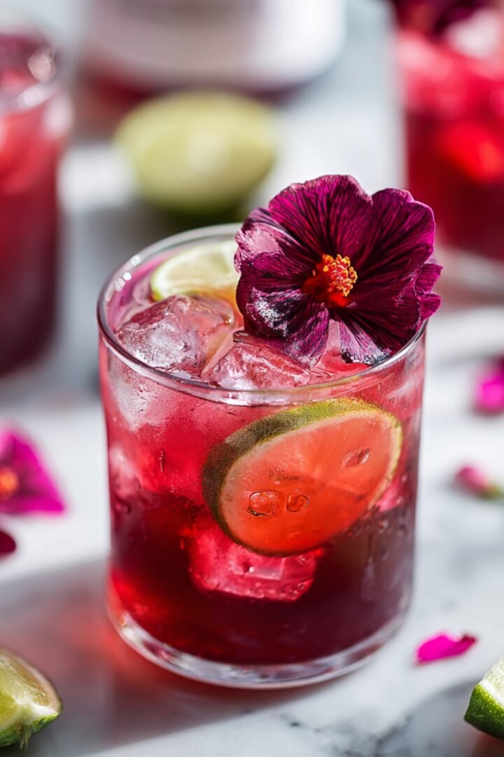 Hibiscus iced tea in a rocks glass with vibrant ruby-red color, filled with ice cubes and fresh lime slices, garnished with a deep purple hibiscus flower, surrounded by lime wedges and scattered hibiscus petals on white marble