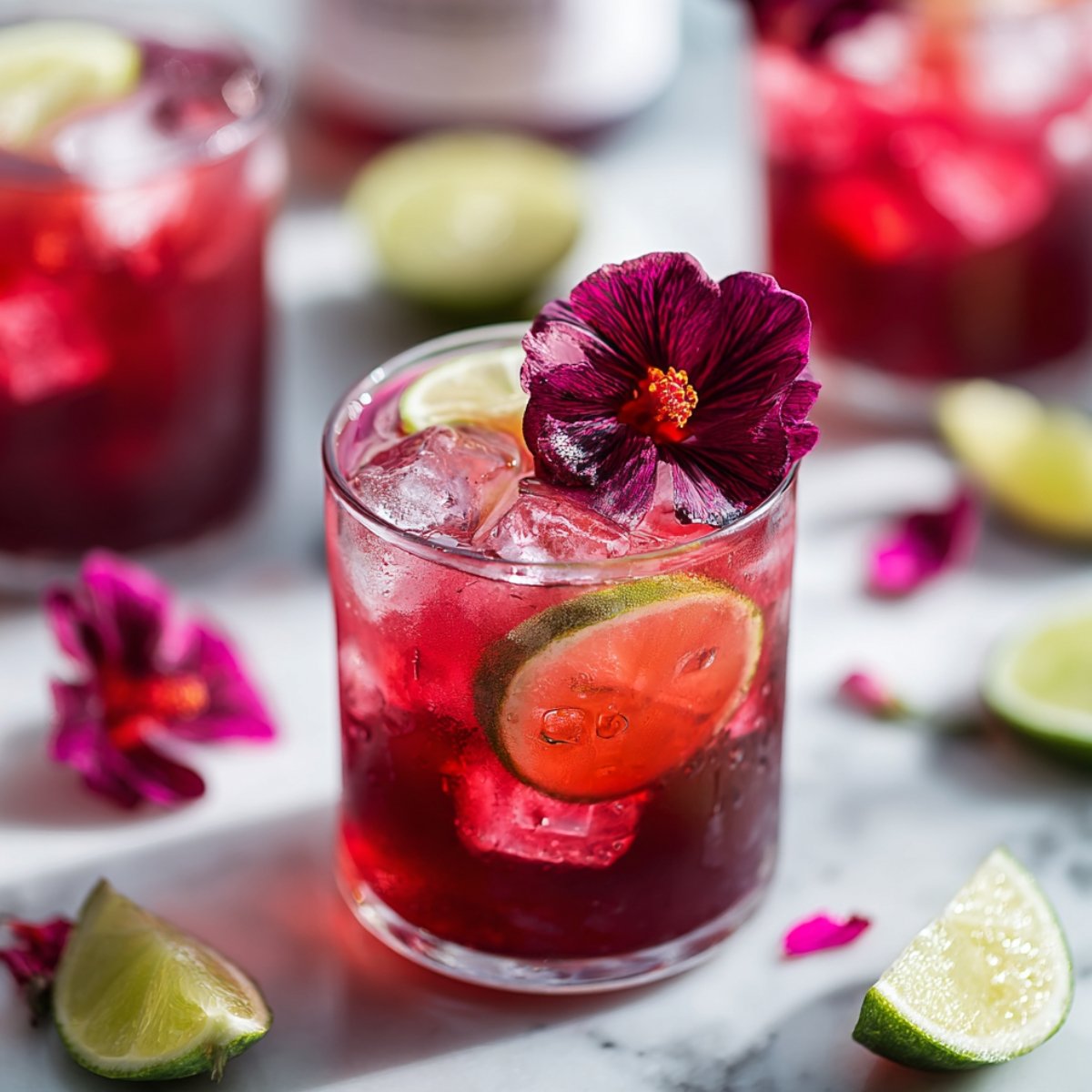 Hibiscus iced tea in a rocks glass with vibrant ruby-red color, filled with ice cubes and fresh lime slices, garnished with a deep purple hibiscus flower, surrounded by lime wedges and scattered hibiscus petals on white marble