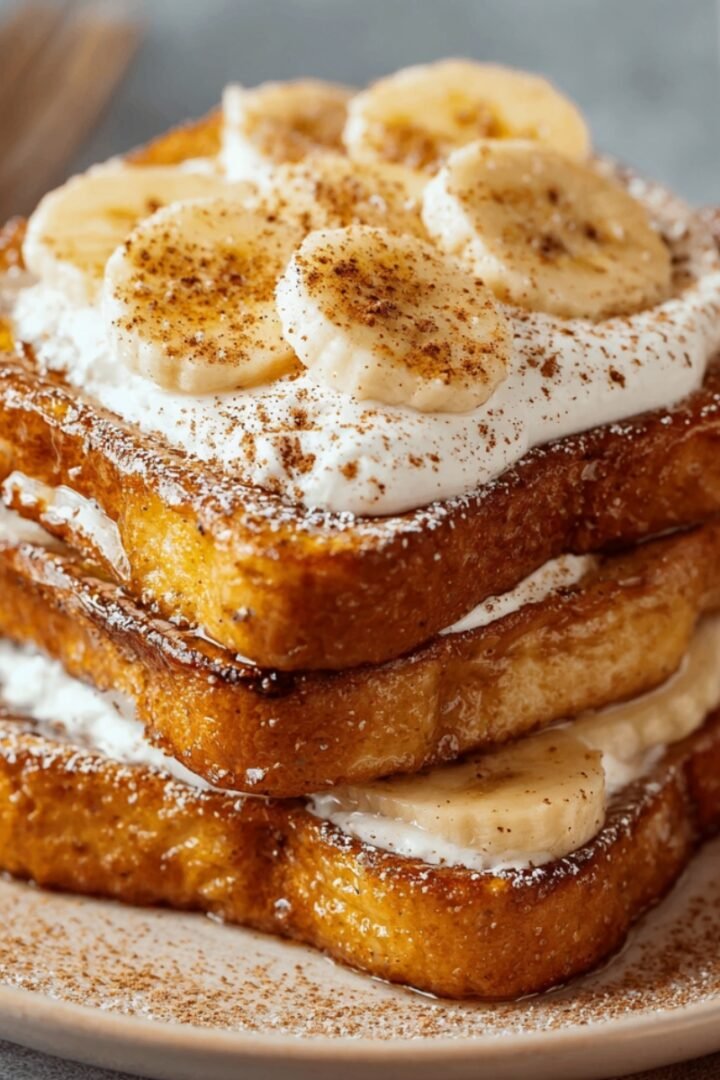 Stack of three thick slices of high-protein French toast with golden-brown edges, layered with Greek yogurt and sliced bananas, dusted with powdered sugar and cinnamon on a beige plate