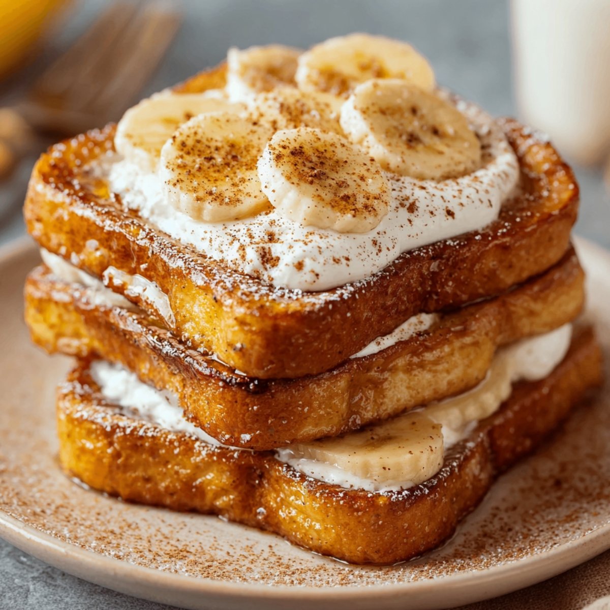 Stack of three thick slices of high-protein French toast with golden-brown edges, layered with Greek yogurt and sliced bananas, dusted with powdered sugar and cinnamon on a beige plate