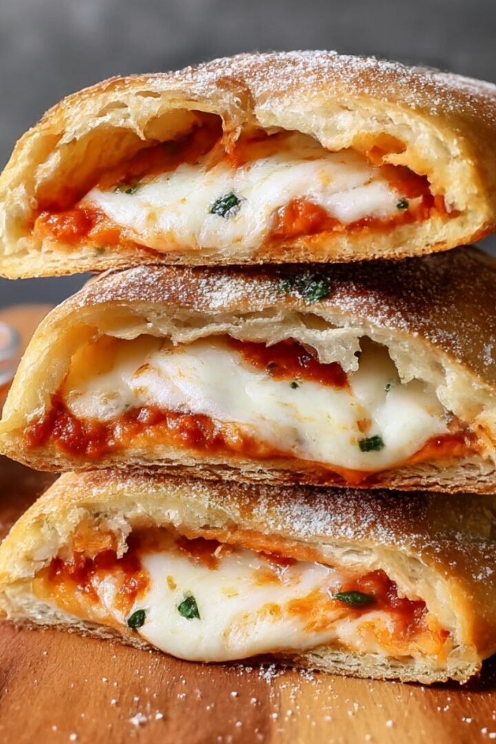 Three stacked homemade calzones cut in half on wooden board showing golden-brown crust dusted with Parmesan cheese, melted mozzarella cheese, marinara sauce, and fresh basil filling, small bowl of marinara dipping sauce in background