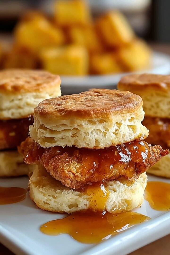 Three hot honey chicken biscuit sandwiches on a white plate, each featuring a crispy fried chicken fillet drizzled with glossy hot honey sauce between fluffy golden biscuits, with honey pooling on the plate and more biscuits blurred in the background.