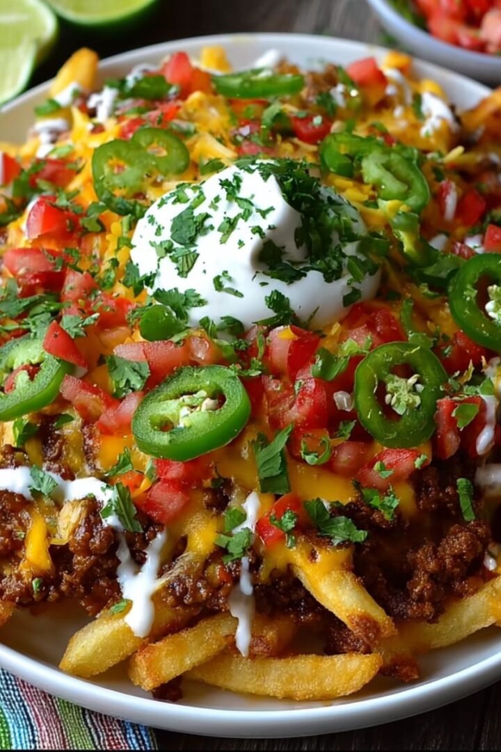 Loaded Spicy Tex-Mex Nacho Fries. The dish features a bed of crispy golden french fries generously topped with seasoned ground beef, melted cheddar cheese, a dollop of sour cream, diced red onions, fresh tomatoes, and chopped cilantro