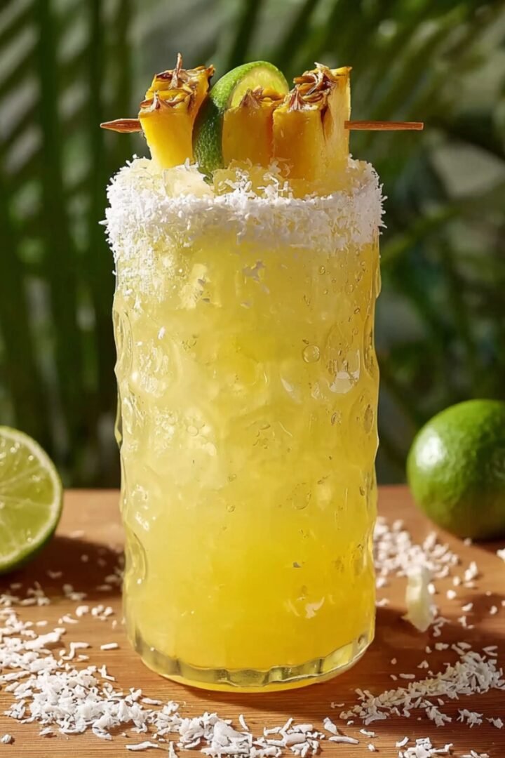 Non-alcoholic piña colada punch in a tall textured glass with shredded coconut rim, bright golden-yellow color, garnished with skewered pineapple wedges and lime wheel on a cocktail pick, on wooden surface with scattered coconut flakes, fresh limes, and tropical palm leaves in background