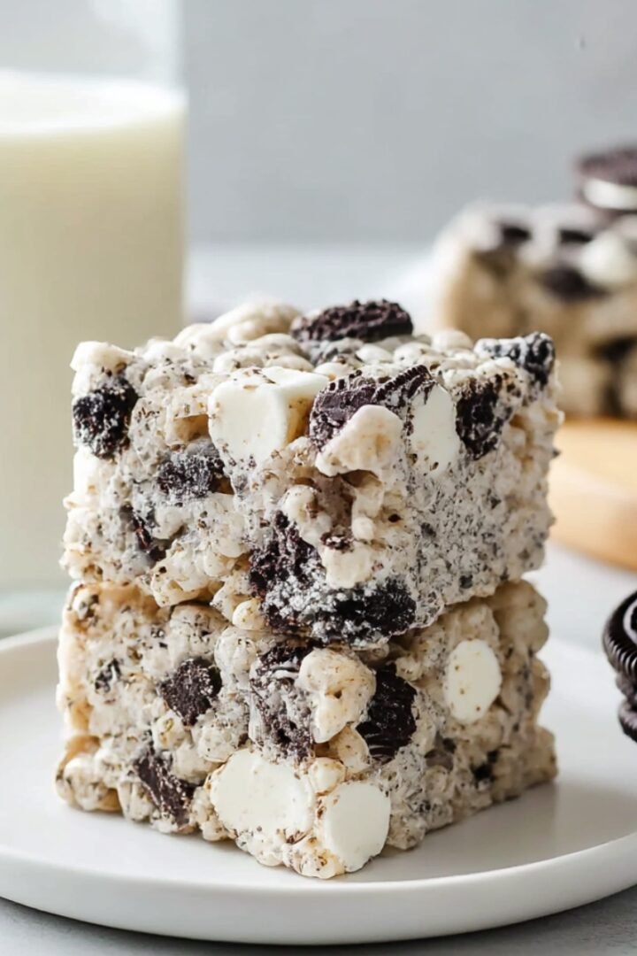 Stack of three Oreo rice crispy treats on white plate with crushed Oreo cookies and marshmallows throughout, glass of milk with straw in background, whole Oreo cookies on side, light gray surface