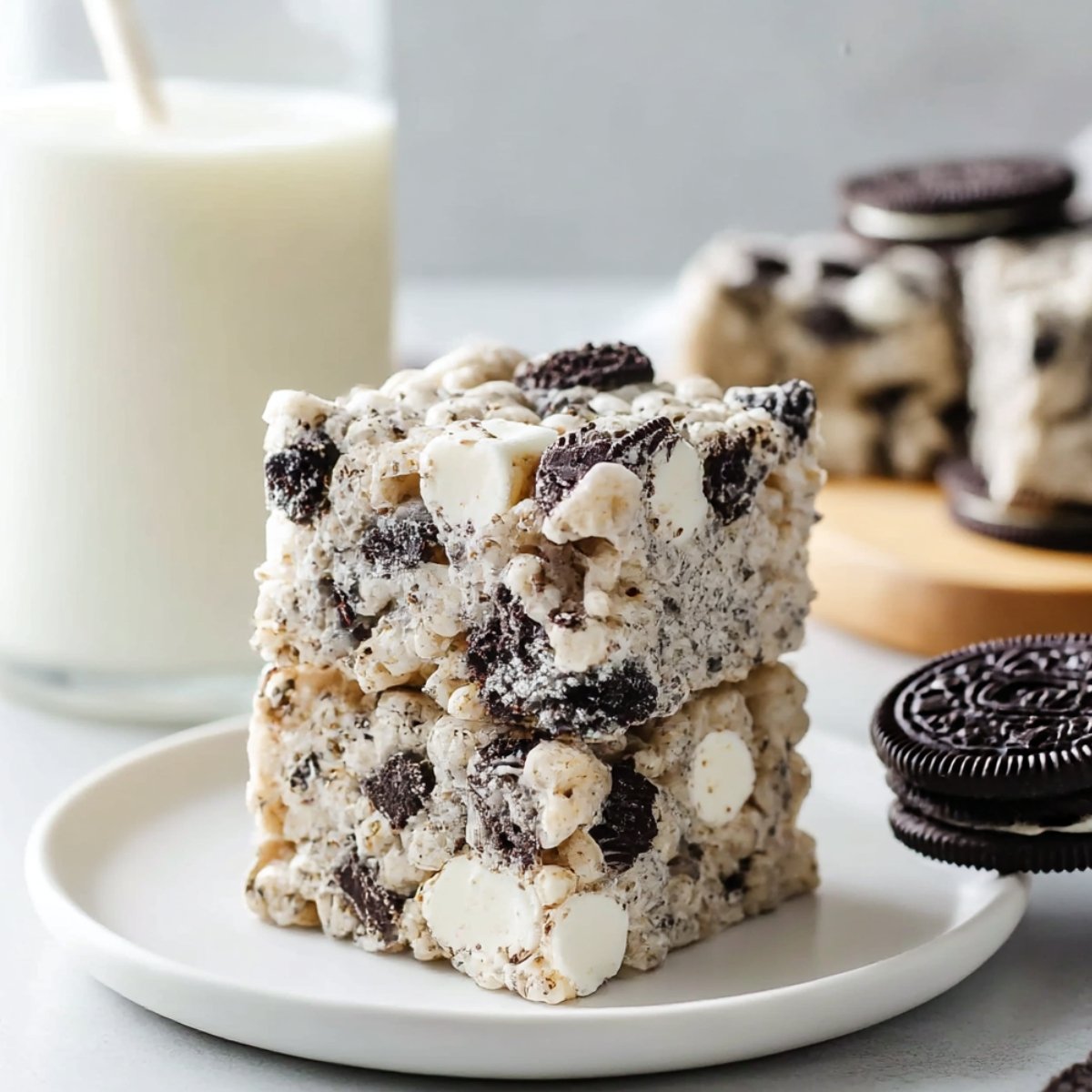 Stack of three Oreo rice crispy treats on white plate with crushed Oreo cookies and marshmallows throughout, glass of milk with straw in background, whole Oreo cookies on side, light gray surface