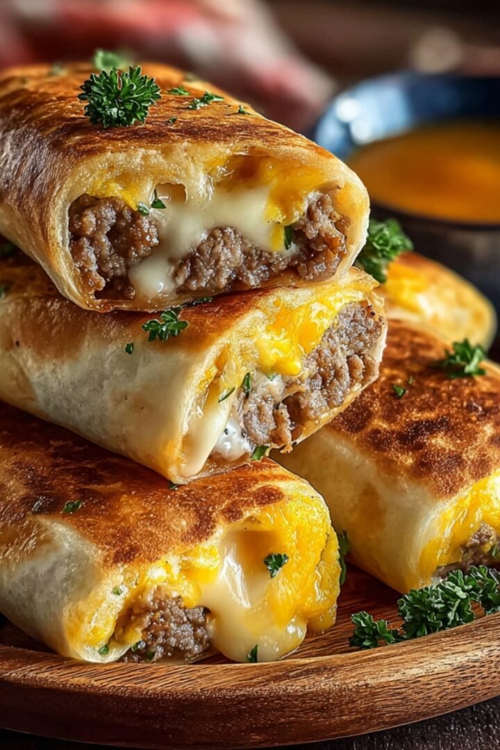 Sausage, egg, and cheese roll-ups wrapped in golden-brown tortillas, stacked on a wooden board, cut to show melting cheese, scrambled eggs, and cooked sausage filling, garnished with fresh parsley, with dipping sauce in the background