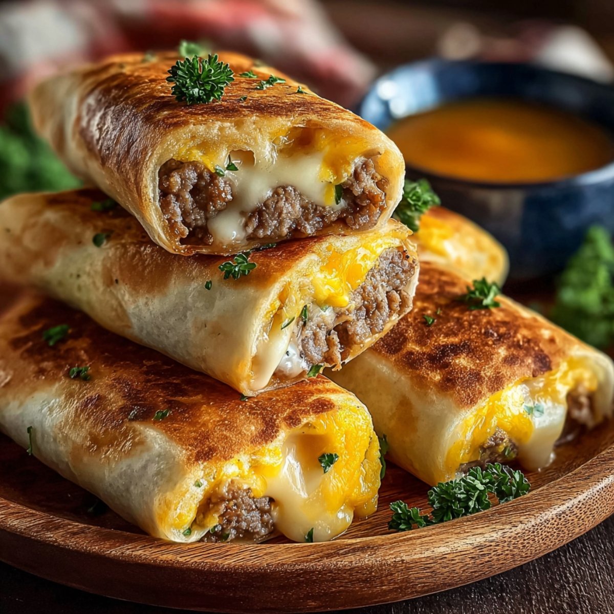 Sausage, egg, and cheese roll-ups wrapped in golden-brown tortillas, stacked on a wooden board, cut to show melting cheese, scrambled eggs, and cooked sausage filling, garnished with fresh parsley, with dipping sauce in the background