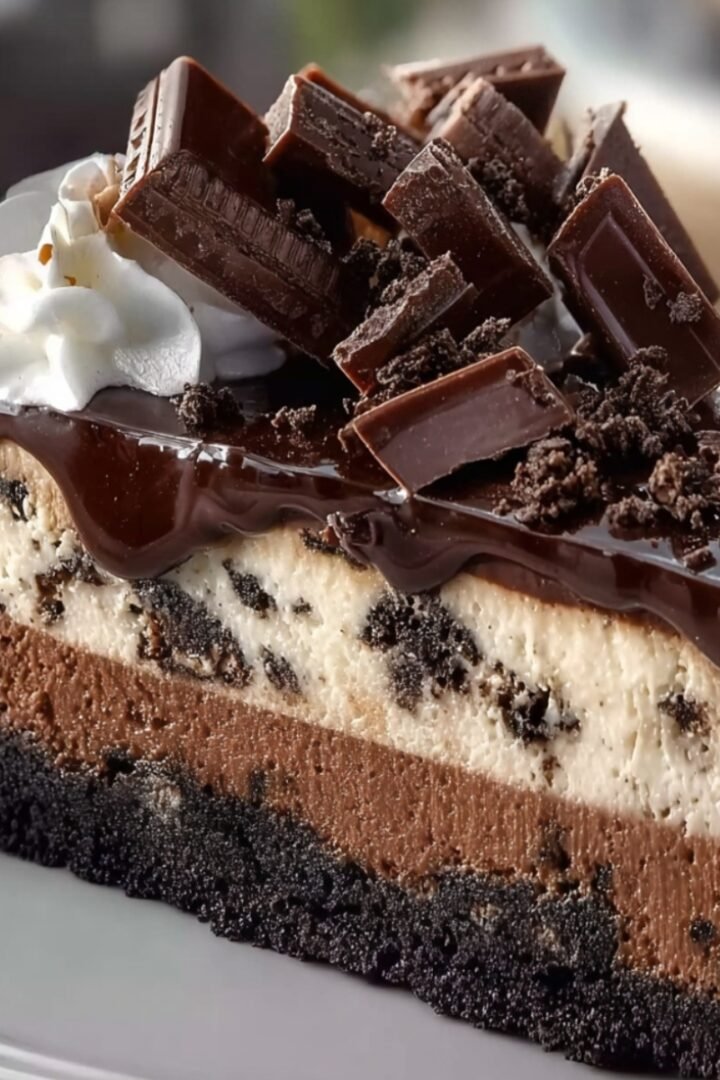 Slice of triple chocolate cheesecake with dark Oreo crust, layers of milk chocolate and white chocolate cheesecake studded with chocolate cookie pieces, topped with chocolate ganache, chocolate bar pieces, chocolate crumbs, and whipped cream