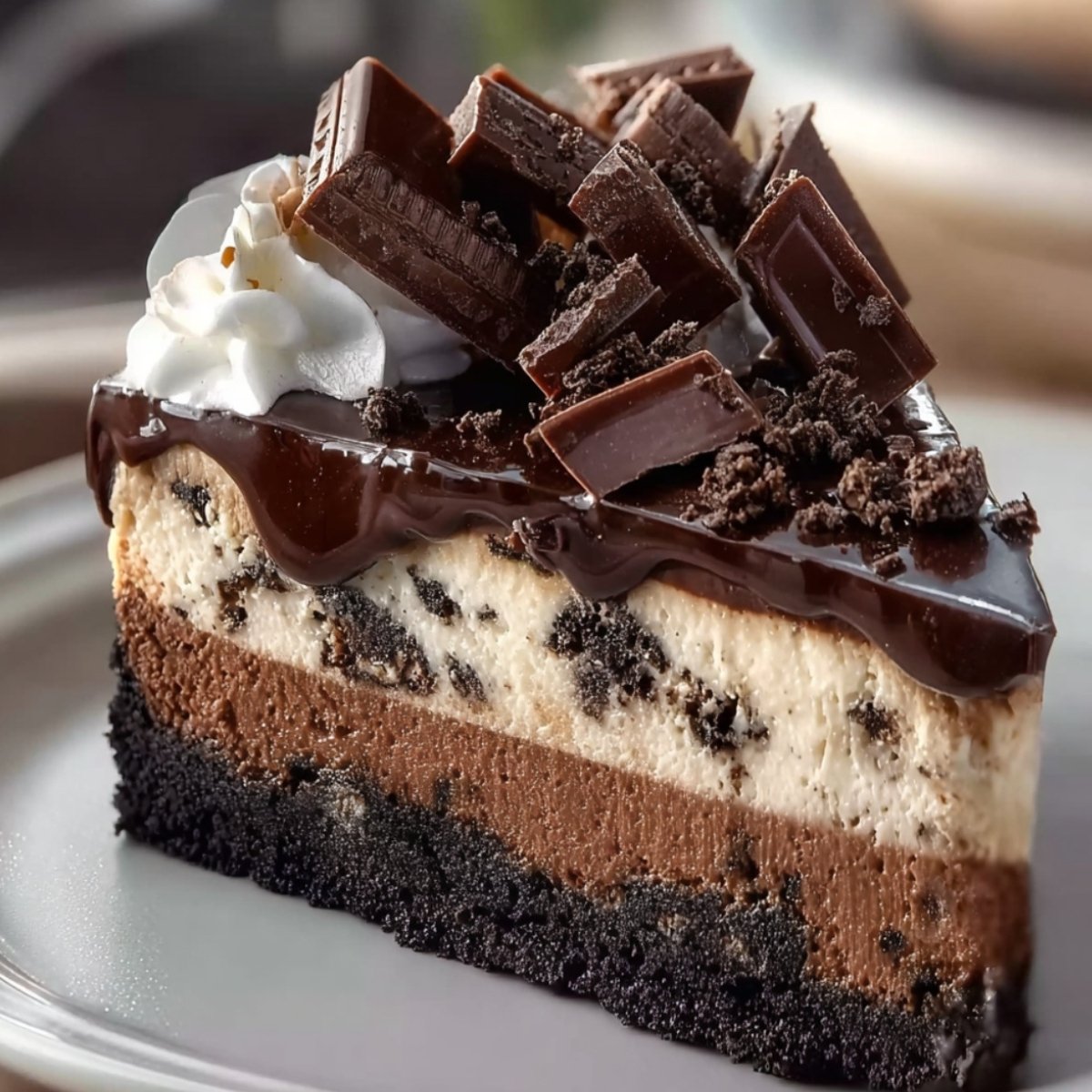 Slice of triple chocolate cheesecake with dark Oreo crust, layers of milk chocolate and white chocolate cheesecake studded with chocolate cookie pieces, topped with chocolate ganache, chocolate bar pieces, chocolate crumbs, and whipped cream