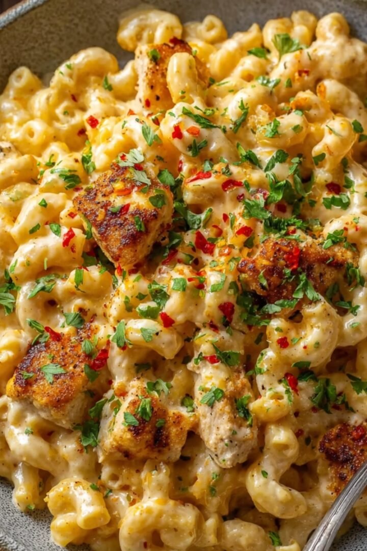 A rustic bowl of creamy Cajun chicken mac and cheese loaded with seared Cajun-spiced chicken pieces, topped with red chili flakes and fresh chopped parsley, served with a fork on the side.