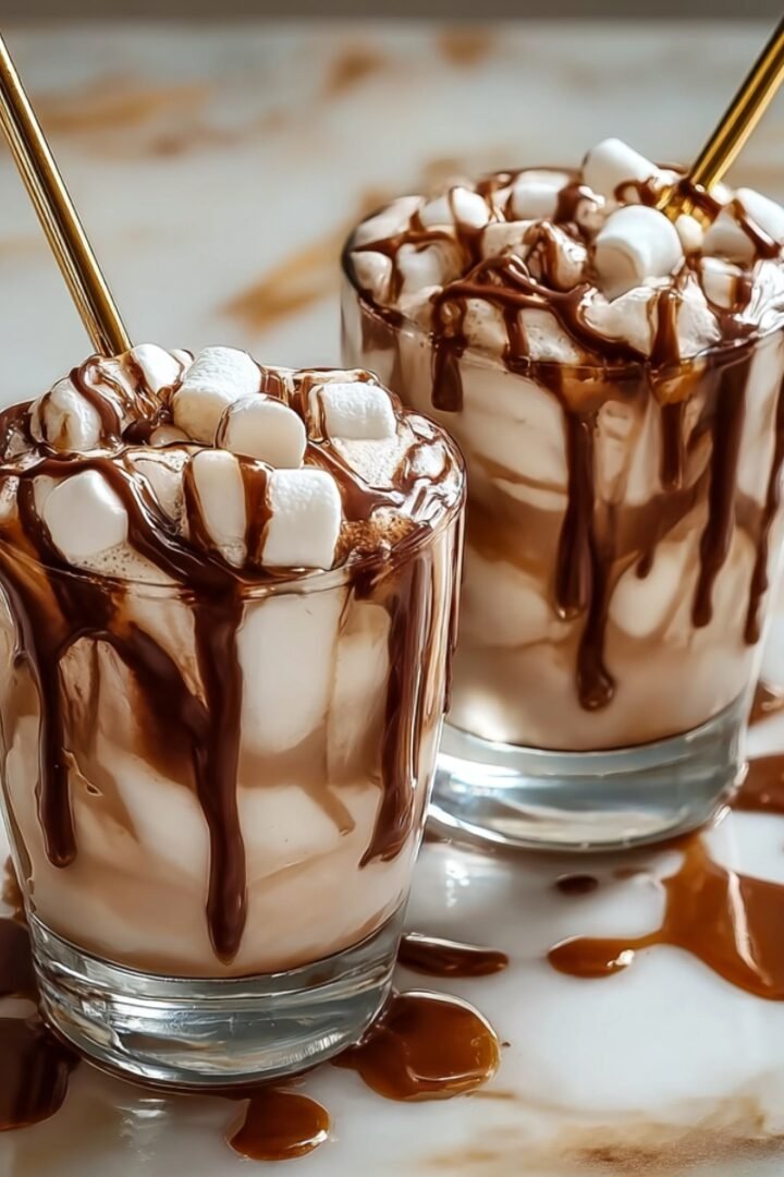 Campfire Cola Dirty Soda in two glasses with creamy cola, drizzled chocolate sauce, mini marshmallows, and gold metal straws on a marble surface.