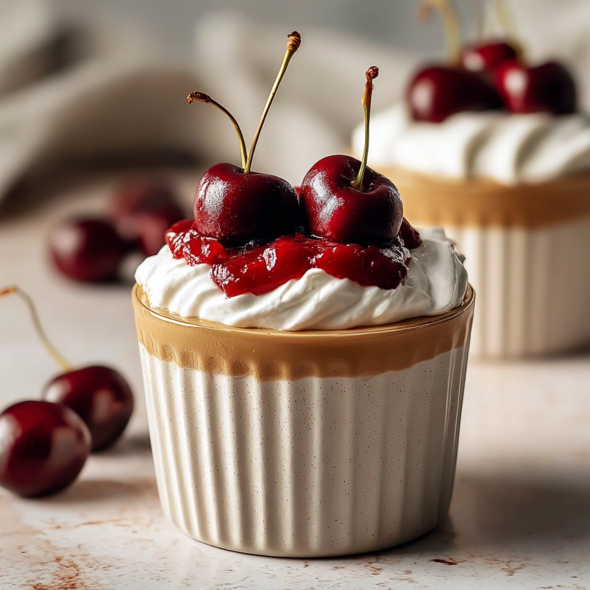 A ribbed ceramic cup of cherry vanilla latte topped with swirled whipped cream, cherry compote, and fresh whole cherries with stems, with loose cherries scattered around on a light surface.
