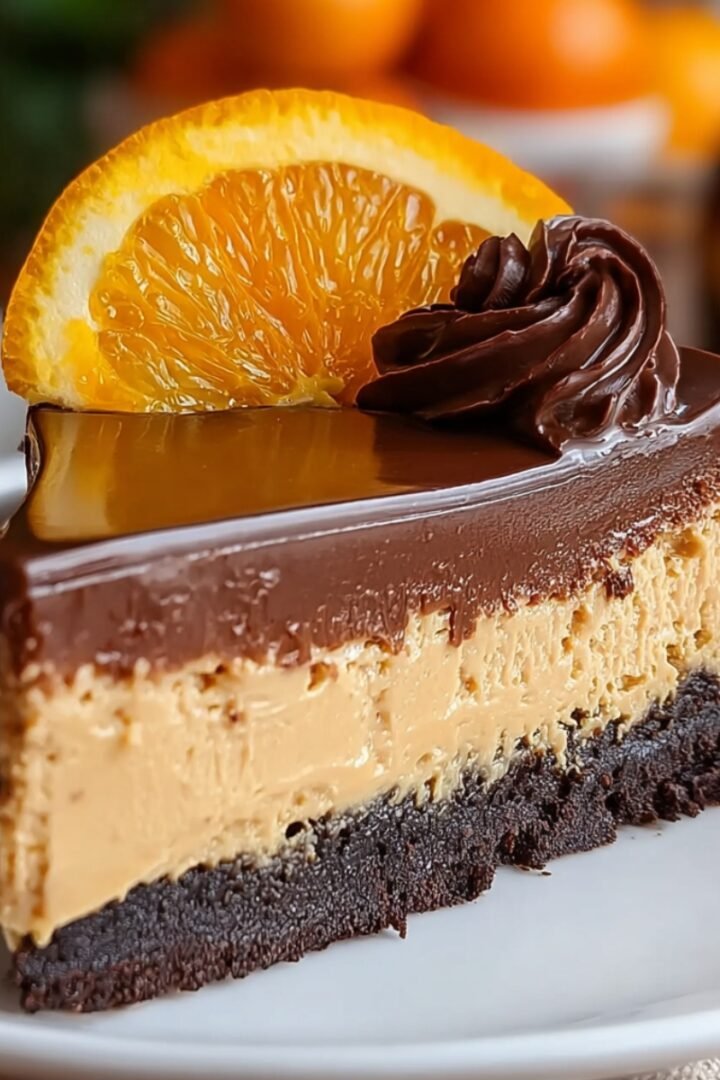 Chocolate Orange Cheesecake slice with creamy orange filling on a dark chocolate crust, topped with glossy ganache, chocolate rosette, and a candied orange slice.