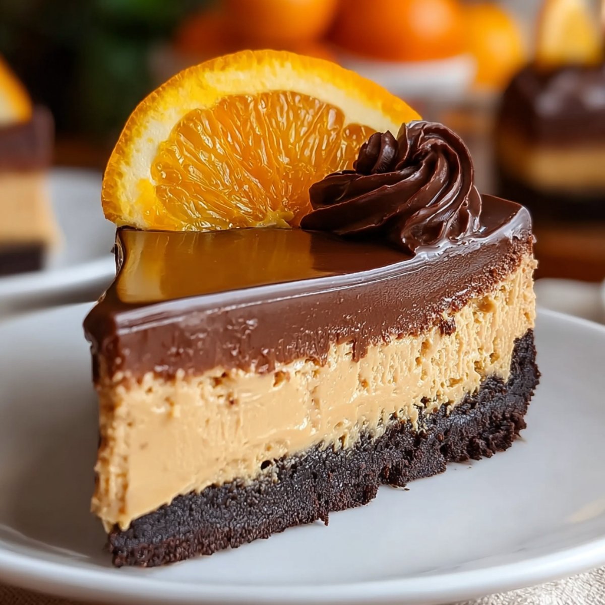 Chocolate Orange Cheesecake slice with creamy orange filling on a dark chocolate crust, topped with glossy ganache, chocolate rosette, and a candied orange slice.