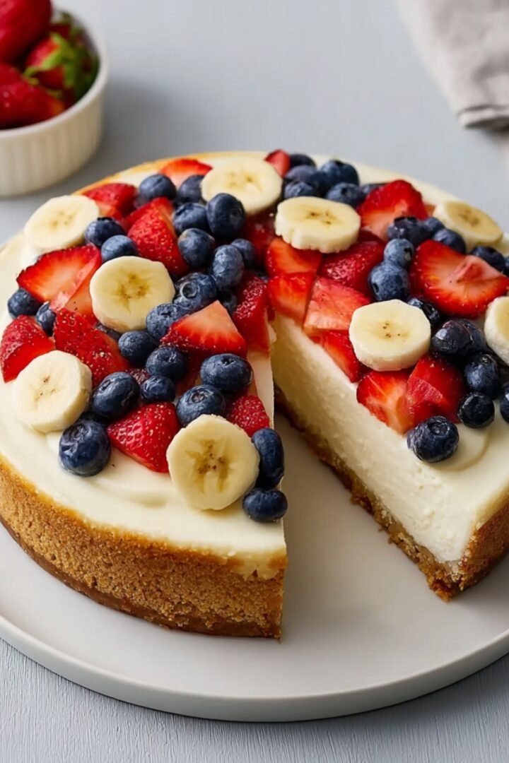 Cream Cheese Cheesecake on a graham cracker crust topped with fresh strawberries, blueberries, and banana slices, with one slice removed.