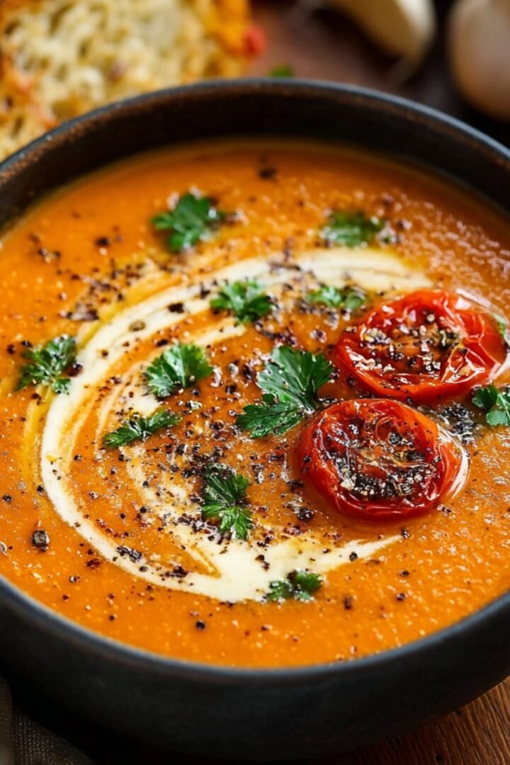 A dark ceramic bowl of creamy roasted garlic tomato soup garnished with a swirl of cream, roasted cherry tomatoes, fresh parsley, and cracked black pepper, served alongside toasted bread with a garlic bulb in the background.
