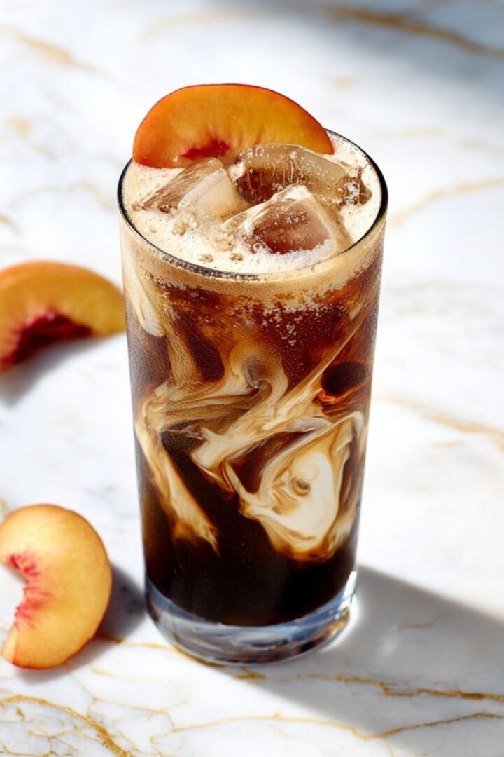 Dirty Peach Coke in a tall glass with creamy swirls, ice, and a fresh peach slice garnish on a gold marble surface.