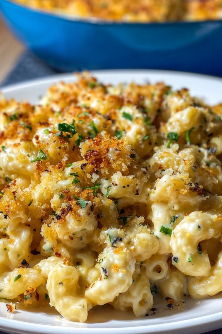 French Onion Soup Pasta on a white plate with creamy caramelized onion sauce, elbow pasta, crispy golden breadcrumbs, and fresh chopped parsley.