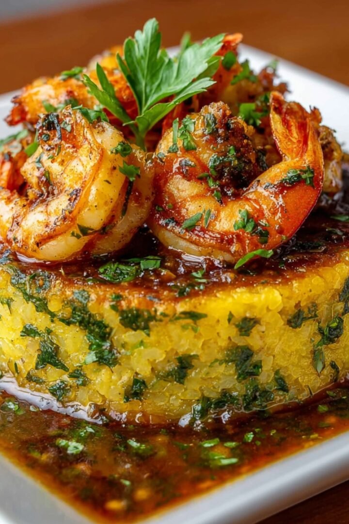 Garlic Shrimp Mofongo with seasoned sautéed shrimp over a golden mashed plantain mold, drenched in rich garlic herb sauce and fresh parsley.