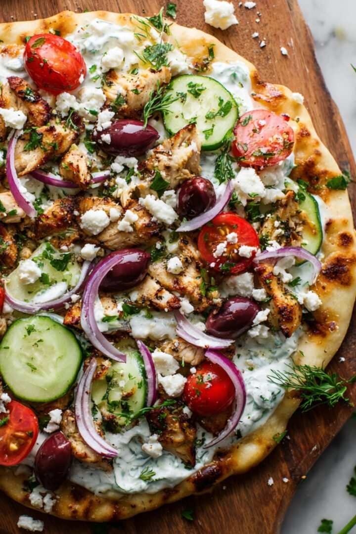 Overhead view of a Greek chicken flatbread on a wooden board, topped with tzatziki sauce, grilled chicken, cherry tomatoes, sliced cucumber, red onion, kalamata olives, crumbled feta, and fresh herbs, on a marble surface.