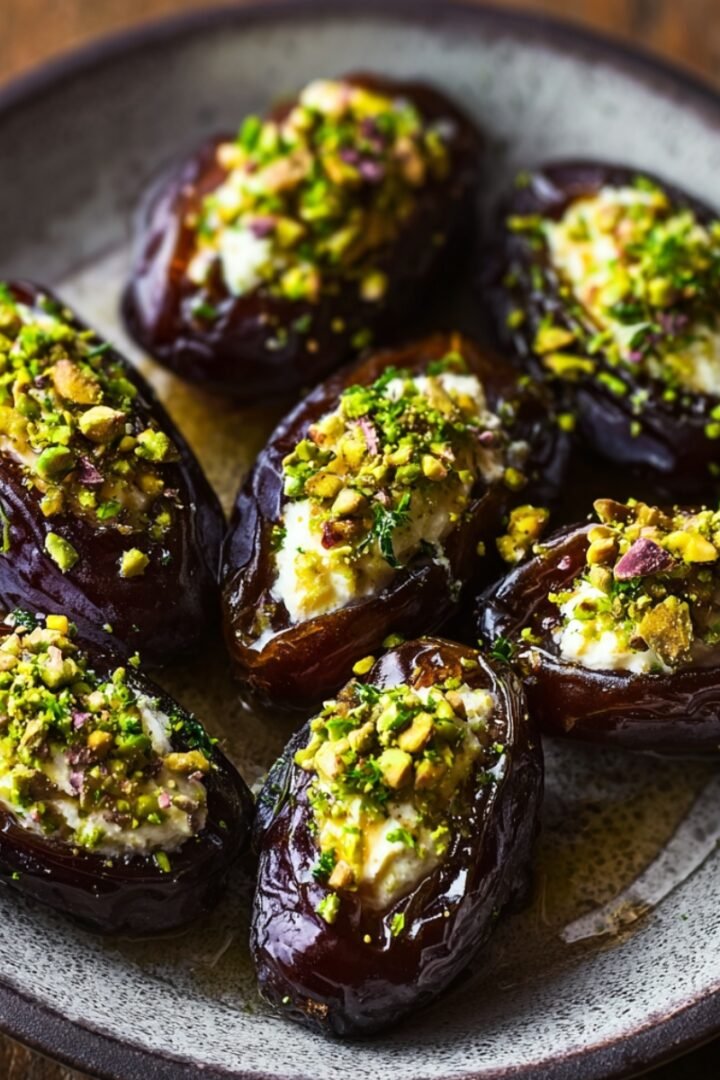 Honey Pistachio Ricotta Stuffed Dates on a dark plate with plump Medjool dates filled with creamy ricotta and topped with crushed pistachios and honey.