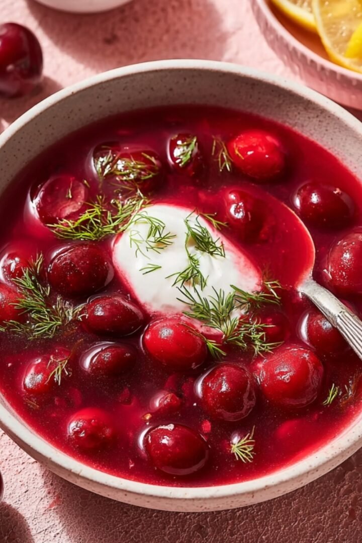 A speckled ceramic bowl of Hungarian cold cherry soup filled with whole cherries in a deep red broth, topped with a dollop of sour cream and fresh dill, with loose cherries and lemon slices surrounding the bowl on a pink surface.