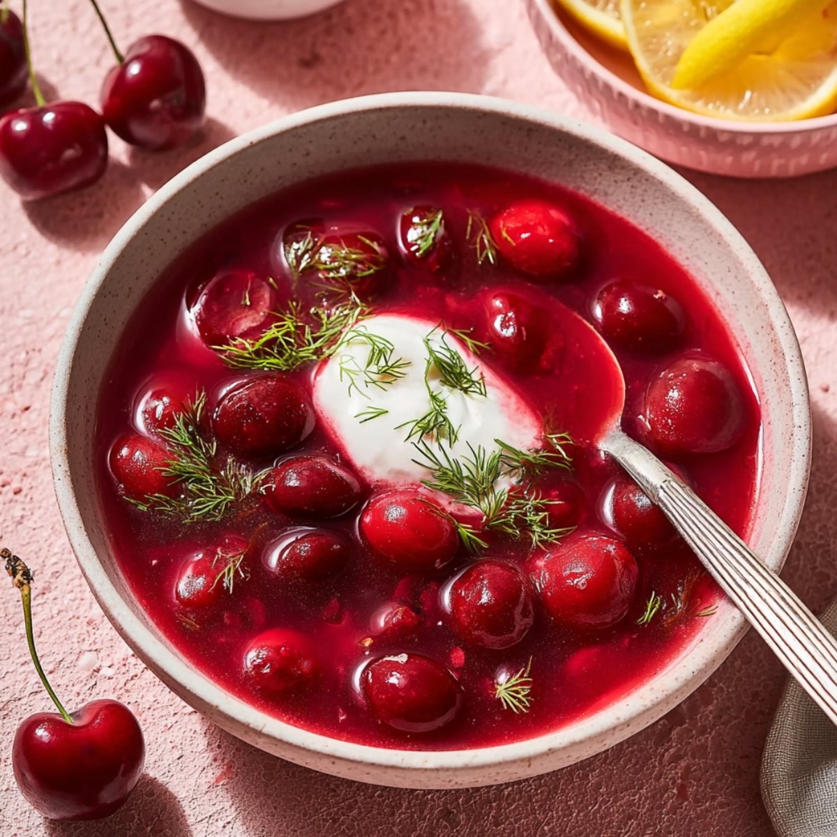 A speckled ceramic bowl of Hungarian cold cherry soup filled with whole cherries in a deep red broth, topped with a dollop of sour cream and fresh dill, with loose cherries and lemon slices surrounding the bowl on a pink surface.