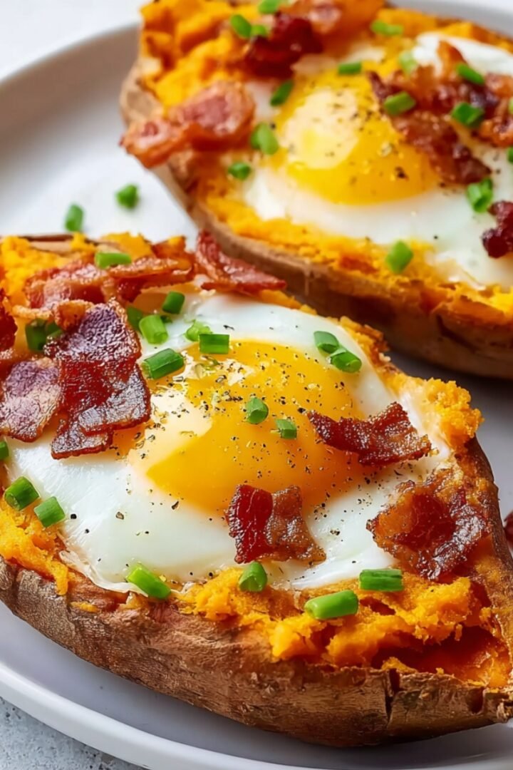 Two loaded breakfast sweet potatoes on a white plate, each baked sweet potato split open and filled with fluffy orange sweet potato flesh, a sunny-side-up egg, crispy bacon crumbles, sliced chives, and cracked black pepper.