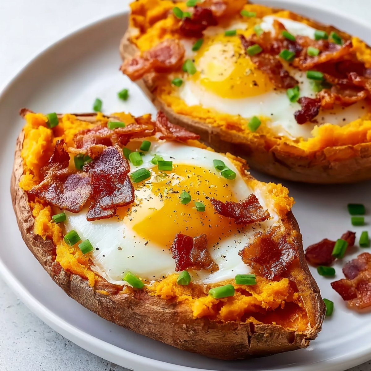 Two loaded breakfast sweet potatoes on a white plate, each baked sweet potato split open and filled with fluffy orange sweet potato flesh, a sunny-side-up egg, crispy bacon crumbles, sliced chives, and cracked black pepper.
