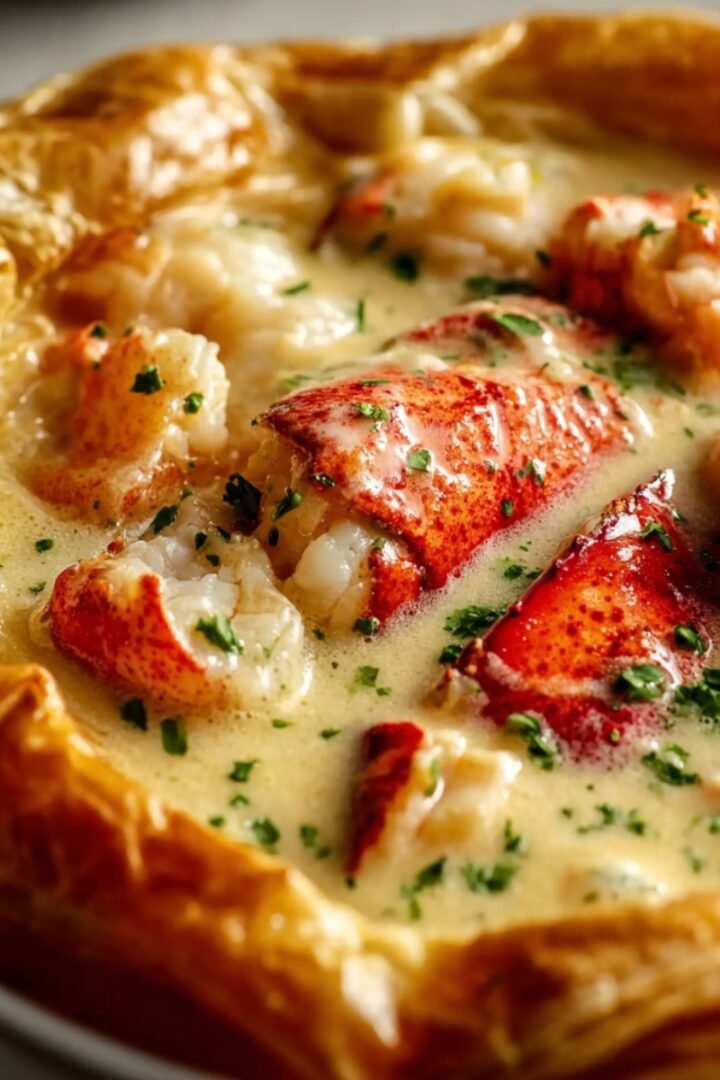 A close-up of a lobster pot pie with a golden flaky puff pastry crust filled with chunks of red lobster meat in a rich creamy sauce, garnished with fresh chopped parsley.