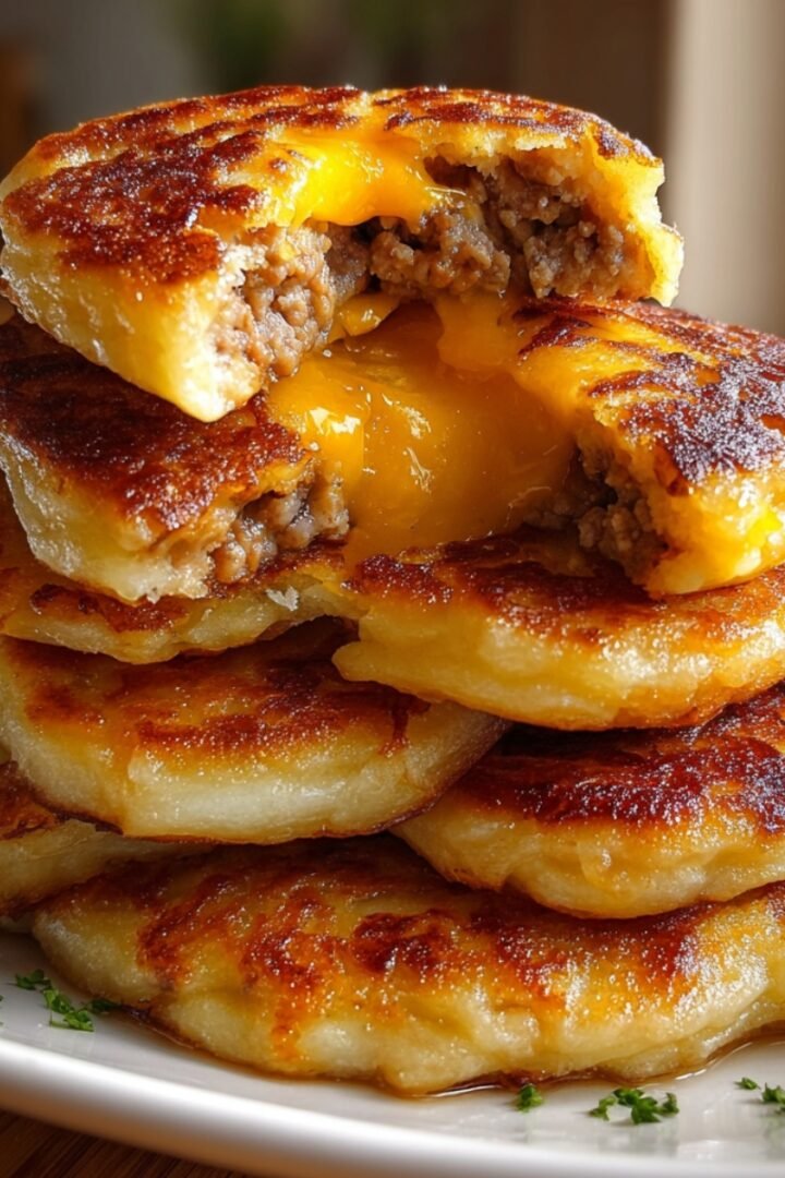 McGriddle Bites stacked on a plate, golden pancake pockets stuffed with sausage and melted cheddar cheese, drizzled with maple syrup.