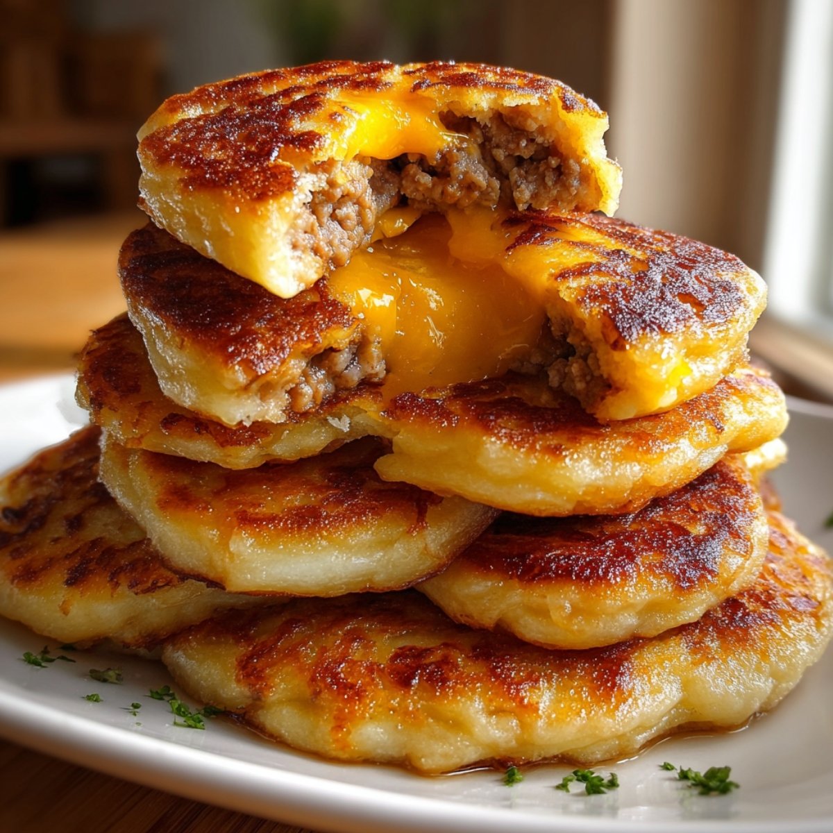 McGriddle Bites stacked on a plate, golden pancake pockets stuffed with sausage and melted cheddar cheese, drizzled with maple syrup.