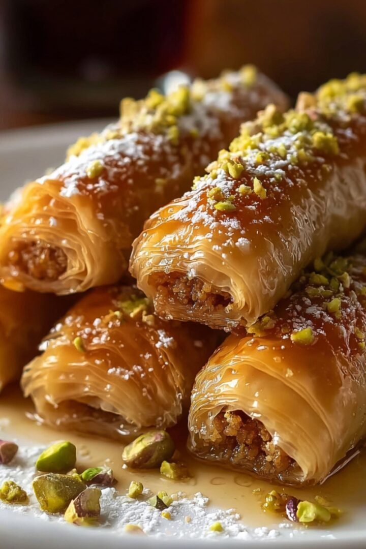 A plate of Moroccan honey and almond cigars made with golden crispy phyllo pastry, drizzled with honey and dusted with powdered sugar, topped with chopped pistachios, stacked on a white plate with scattered pistachios around them.