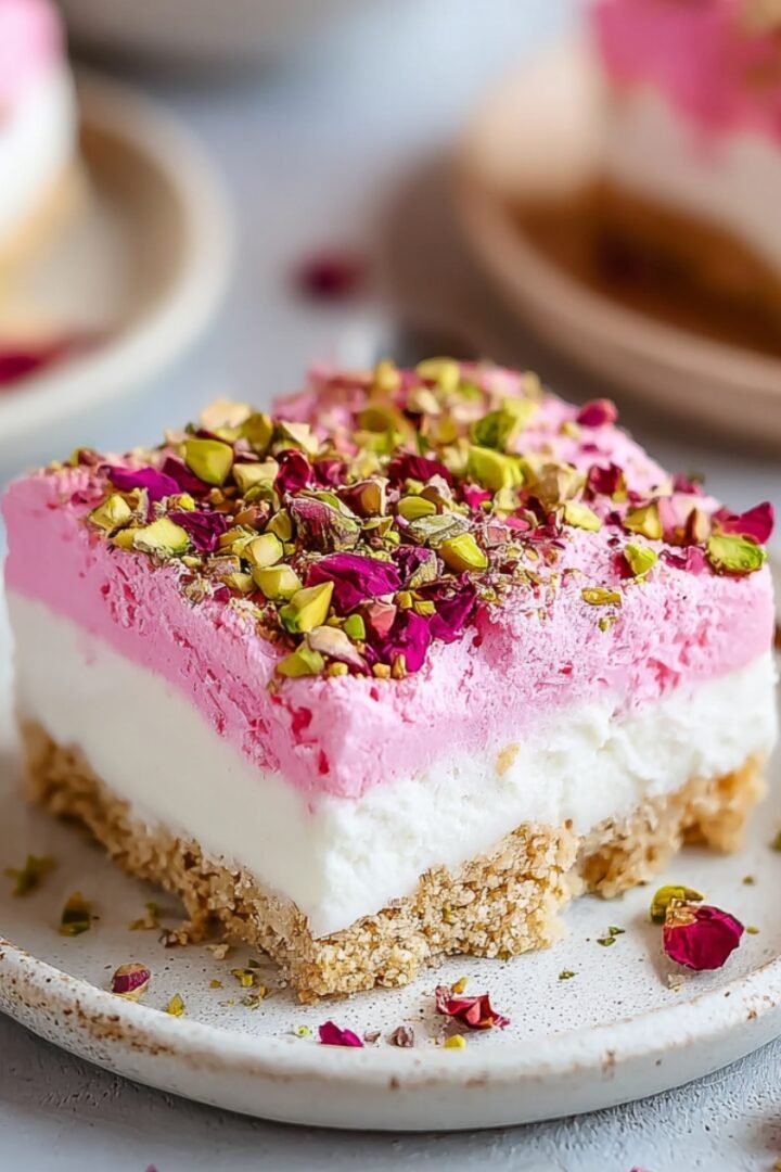 A slice of pistachio rose milk cake on a speckled ceramic plate, showing distinct layers of a nutty crumb base, white cream, and pink rose-flavored cream, topped with chopped pistachios and dried rose petals, with scattered petals and pistachios on the surface nearby.